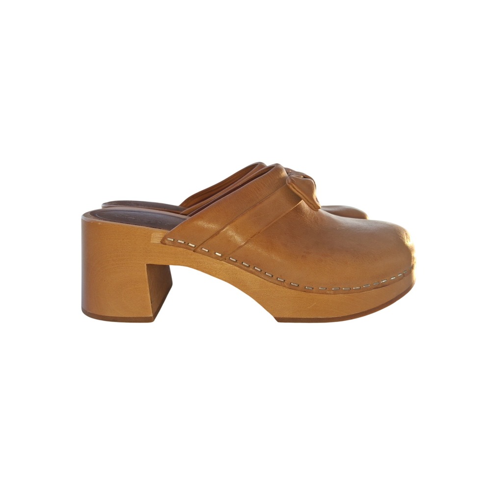 Swedish Hasbeens Bow Clogs Tan Leather Wood Platform Mules Block Heel size 6.5
